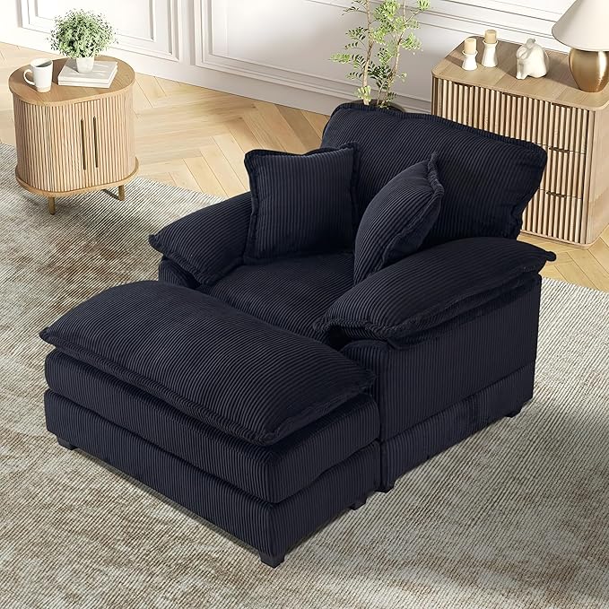 TTK Oversized Chaise Lounge Chair with Ottoman - 39.17 Wide Modern Sleeper Sofa for Living Room Bedroom &amp Office - Deep Seat Sectional Couch with Pillow Comfortable Reading ChairBlack