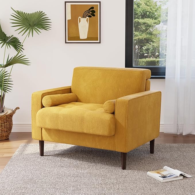 Lumibee Corduroy Accent Chair Modern Upholstered Armchair with Large Seat for Living Room Comfy Single Reading Sofa Chair for Bedroom-Yellow