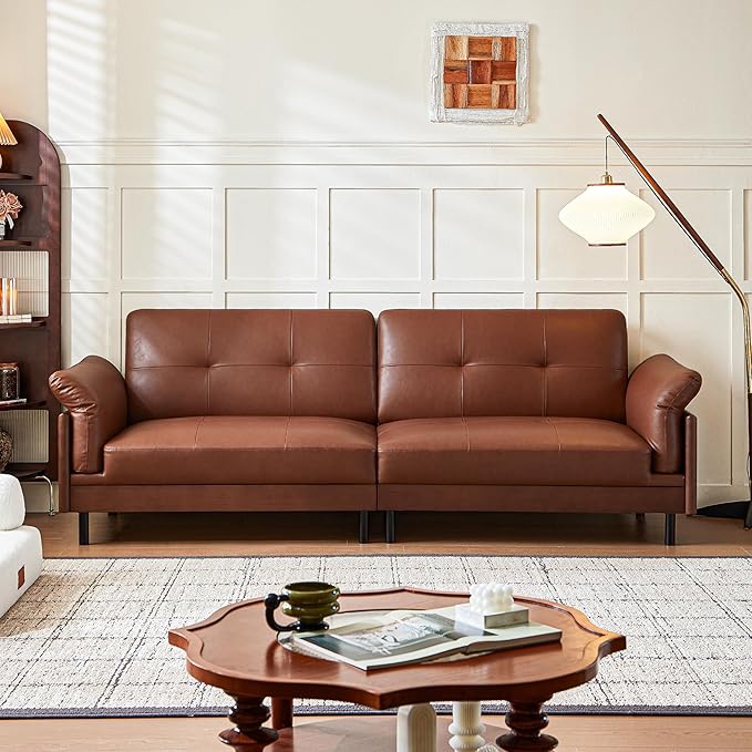90 Inch Mid Century Modern Brown Leather Sofa Vintage Luxury 4-Seater Large Waxed Leather Sectional Couch with Solid Wood Exterior and Hand-Tufted for Living Room and Office