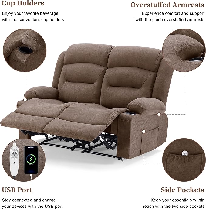 Oversized Recliner Sofa with Heat and Massage Big Large 2-Seater RV Recliner Couch Sofa for Living Room Wall-Hugger Reclining Sofa with Cup Holders and USB Port(Fabric Brown)