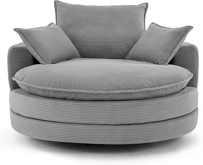 Merax 360° Swivel Sofa Chair 57.5 Swivel Accent Barrel Chair with Dual-Layer Cushion Design Modern Corduroy Leisure Sofa Round Chaise Lounge with 3 Removable Pillows for Living Room Bedroom