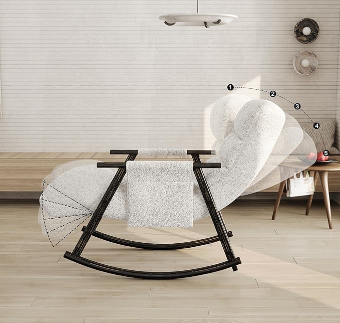 Teddy Rocking Chair for Living Room Bedroom Balcony Adjustable High Back and Footrest 5 Reclining Positions Soft and Comfortable White