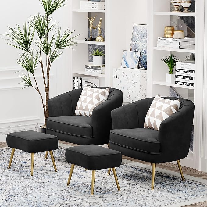 Andeworld Velvet Accent Chair with Ottoman Upholstered Modern Single Sofa Side ChairComfy Barrel Club Living Room Armchair with Golden Metal Legs for Bedroom Living Reading Room Office Black