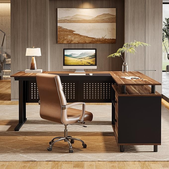 Tribesigns 63-Inch L-Shaped Executive Desk with Storage Shelves Large Office Computer Desk with Drawers and File Cabinet Industrial Business Workstation for Home Office Brown and Black