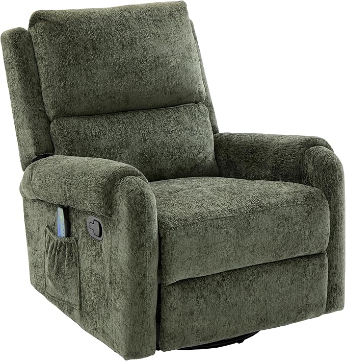 Christopher Knight Home Harper Massage Recliner Chair with 8 Modes Chenille Upholstered Recliner Sofa Swivel Massage Chair with a Side Storage Pocket for Living Room/Bedroom Head Support Green