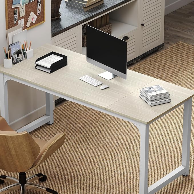 NSdirect Large Office Desk for Home Office Large 63 Computer Desk Table Wide Writing Study Desk for 2 Person Metal Sturdy Frame Thicker Steel Legs (White Oak 63L x 23.6W x 29.5H)