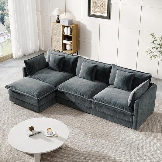 Modular Sectional Sofa 111.5 Inch L-Shaped Cloud Sofa with Deep Seat Chenille Sofa with Cushions Three-Self Sectional Sofa for Living Room ApartmentGray