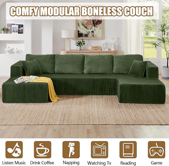 Cloud Couch U-Shaped Sectional Sofa 132.5'' Modular Boneless Couches for Living Room Corduroy Deep Seat Sofa with 2 Chaise Lounges and 1 Loveseat No Assembly Required (Green U Shape)