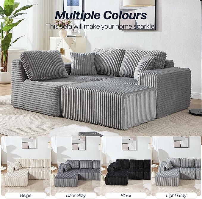 101.5'' Modular Sectional Sofa Cloud Sectional Couch with Deep Seat Comfy Fluffy L Shaped Couches Memory Foam Sofa with 1 Ottoman Corduroy Boneless Couch No Assembly Required Light Gray