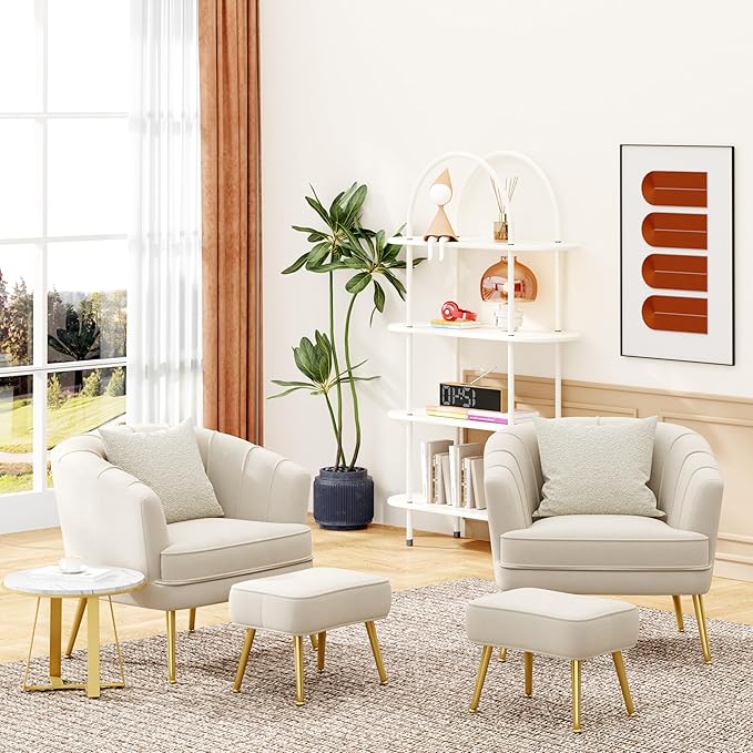 Velvet Accent Chairs with Ottoman for Living Room Bedroom Office Leisure Upholstered Single Sofa Chair Arm Chair Comfy Chair Reading Club Coffee Chair with Metal Legs Beige