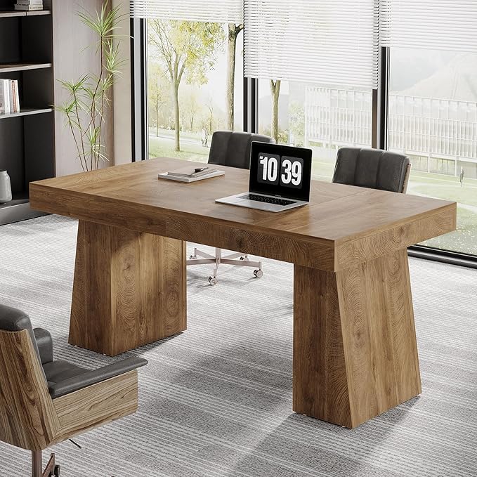 Tribesigns 55 Inches Executive Desk Mid-Century Modern Home Office Desk Wood Computer Table Business Workstation Small Conference Table Light Brown
