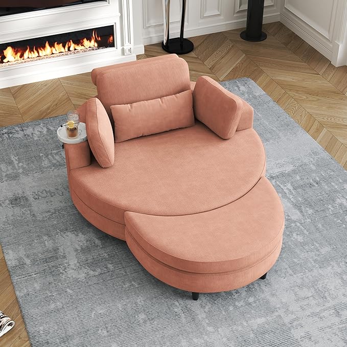 51-Inch Orange Corduroy Sofa Lounge Chair with 2 Throw Pillows 1 Waist Pillow 1 Extra Storage Tray for Comfortable Seating in Small Apartment Bedrooms Living Room