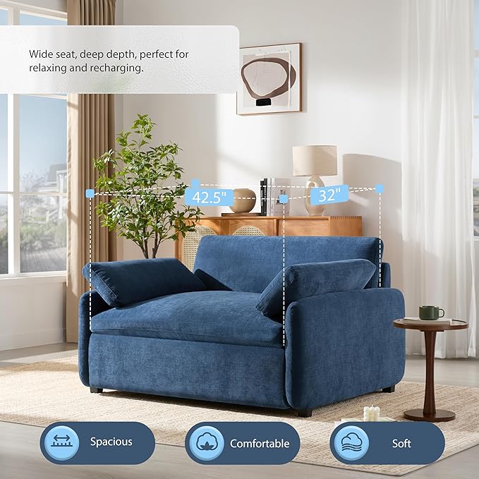 50 * 43 Oversized Single Sofa Chair Modern Chenille Upholstered Armchair Wide and Deep Seat Accent Chair with Two Throw Pillows Color Blocking Couch Lounge for Living Room (Blue/5)