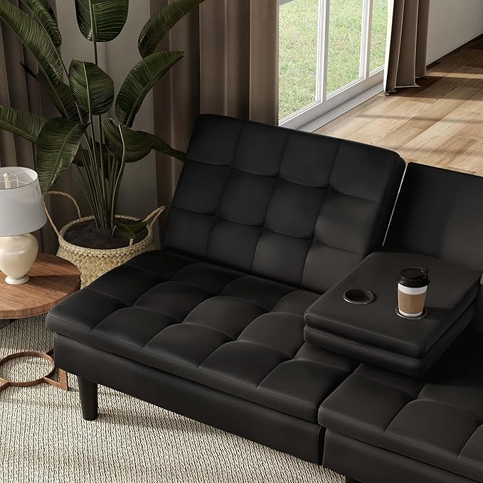 Furniture of America Fallein Modern Contemporary Wood 71.5-inch Futon Sofa Bed with Drop-Down Table Cup Holders USB-A Charger Biscuit Tufting for Bedroom Guest Room Black