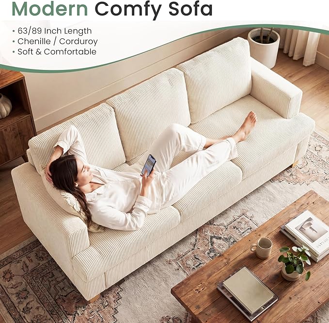 3 Pieces Corduroy Couch Set for Living Room 3 Seater &amp Loveset*2 Cloud Sofa Deep Seat Floor Couch for Bedroom Futon Modern Sofa Bed White Corduroy