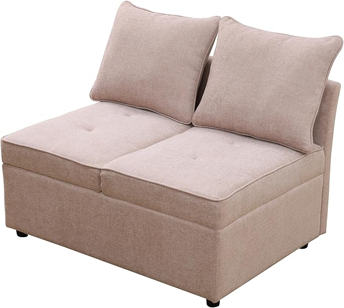 Convertible Ottoman Sofa with Storage Modern Sackcloth Futon Couch with 2 Pillows Adjustable Backrest Recliner Folding Loveseat for Living Room Apartment Dorm OfficePink