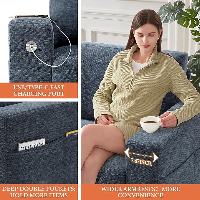 Ihanherry 2-Seater Couch with Extra Large Sofa Seat Width &amp Depth USB/Type-C Charging Port &amp Side Pocket Modern Sofa for Living Room Removable Medium Firm Cushion Breathable Chenille(89inc