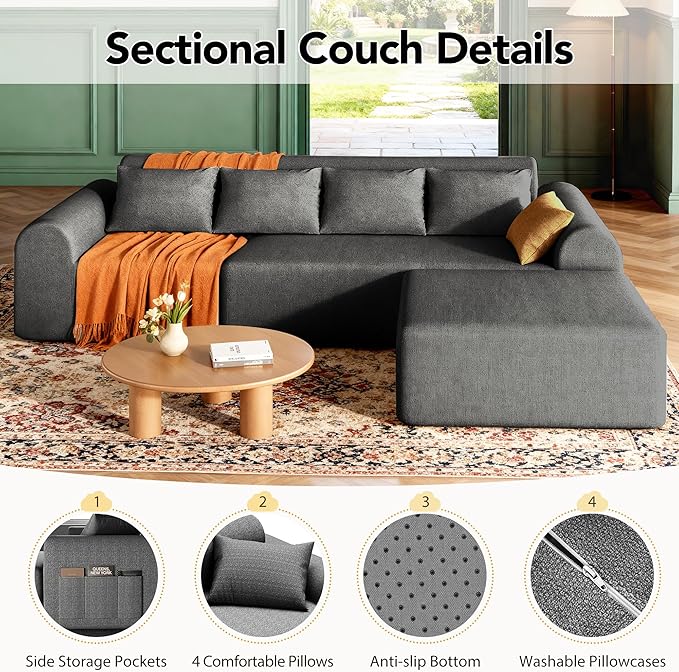 Rengue 105.5 Cloud Boneless Sectional Sofa for Living Room 4-Seater L-Shaped Comfy Couch with Ottoman 4 Pillows Deep Seat Chenille Sofa No Assembly Required (Dark Grey) 72h to Restore