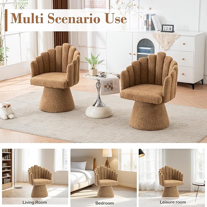 Swivel Accent Chair Modern 360° Barrel Chair with Shell-Shaped Back Tufted Vanity Armchairs for Living Room Bedroom Reading Room Camel