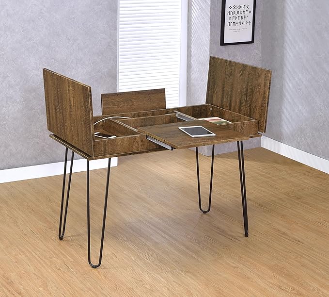 Coaster Home Furnishings – Sheeran – 47-Inch Writing Desk with Four Compartments Mid-Century Modern Style Black Hairpin Legs and Spacious Surface – Home Office &amp Living Room – Rustic Amber - 80