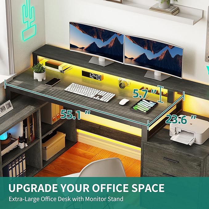 YITAHOME L Shaped Desk with 3 Drawers 65 Corner Computer Desk with Power Outlets &amp LED Lights L-Shaped Desk with File Cabinet &amp Printer Stand for Home Office Grey