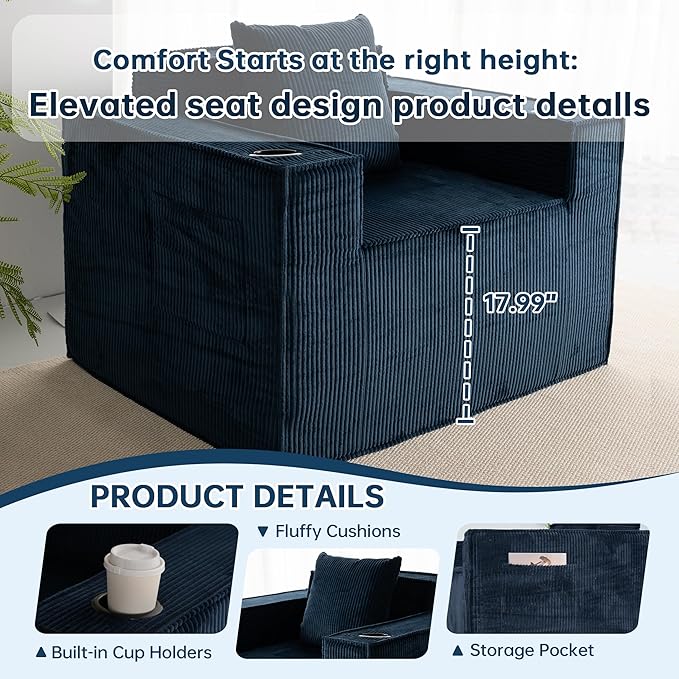 Cloud Single SofaChaise Lounge Chair with Cup Holder &amp Side PocketElevated Seat HeightNo Assembly RequiredBoneless Corduroy Chair for Small SpaceBedroomOffice (Blue Single Sofa)