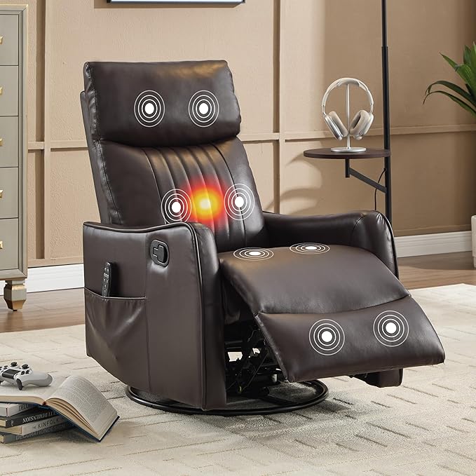Manual Swivel Rocker Recliner Chair for Adults Overstuffed Reclining Glider Chair for Nursing with Vibration Massage &amp Heat Living Room Rocking Recliner 2-Stage backrest Faux Leather Dark Brown