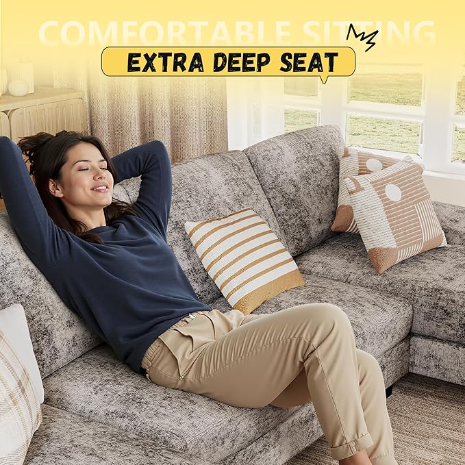 JUMMICO Sectional Couches for Living Room U Shaped Couch with Chenille Fabric 4 Seat Modern Sofa with Removable Pillows for Apartment and Small Space (Fabric Grey)