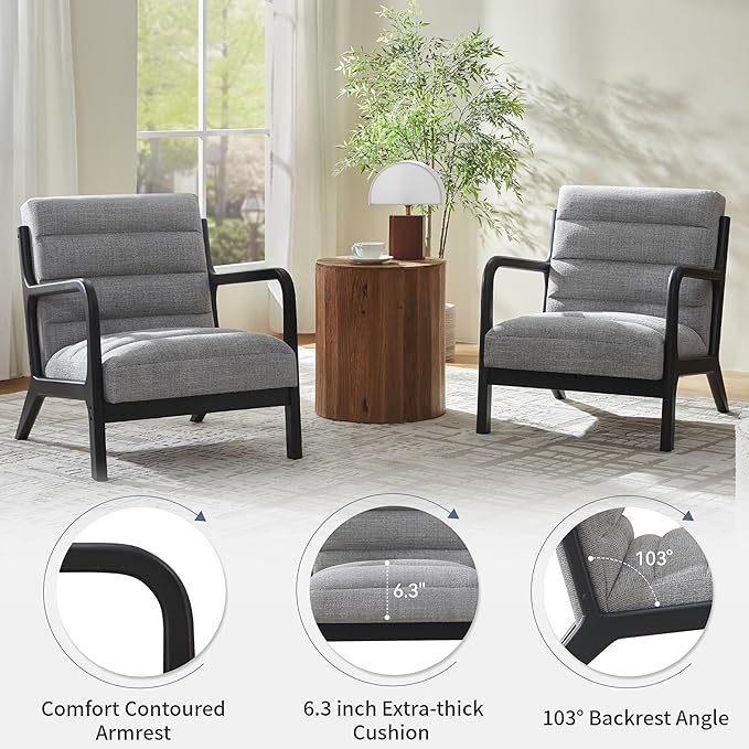 VKNOW Accent Chair with RubberWood Frame Mid-Century Modern Upholstered Reading Armchair High Back Lounge Armchair Living Room Chair for Bedroom Reading Room Grey