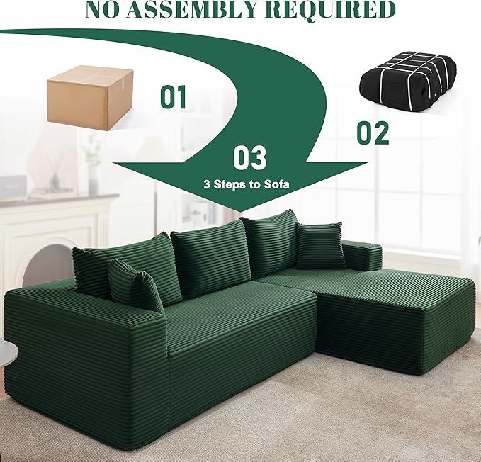 110” Cloud Sectional Couch Boneless Sofa for Living Room Modular Sectional Sofa with Deep Seat Comfy Fluffy Couch with L-Shaped Chaise No Assembly Required (Right-Facing Chaise Green)
