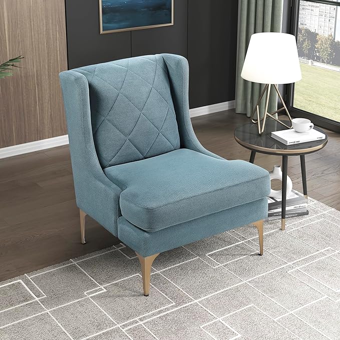 Lexicon Modern Accent Chair Living Room Chenille Upholstered Single Sofa Chair with Gold Metal Legs Wing Back &amp Diamond Stitched Back Armchair for Bedroom/Office/Waiting Room Blue