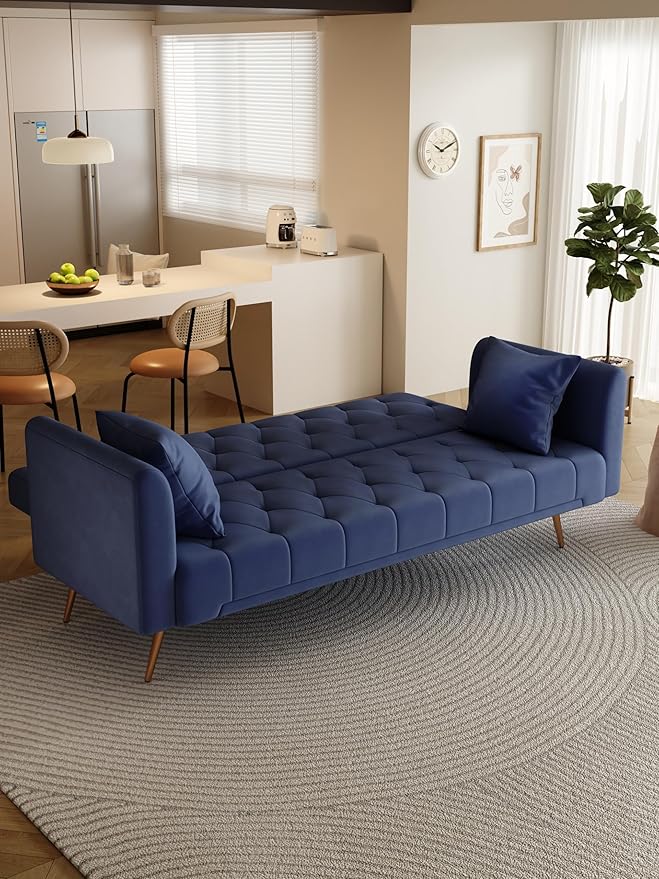 71 Convertible Velvet Futon Sofa Bed Loveseat with Multiple Adjustable BackrestsModern Sleeper Couch with Golden Metal Legs for Living RoomApartmentOfficeBlue
