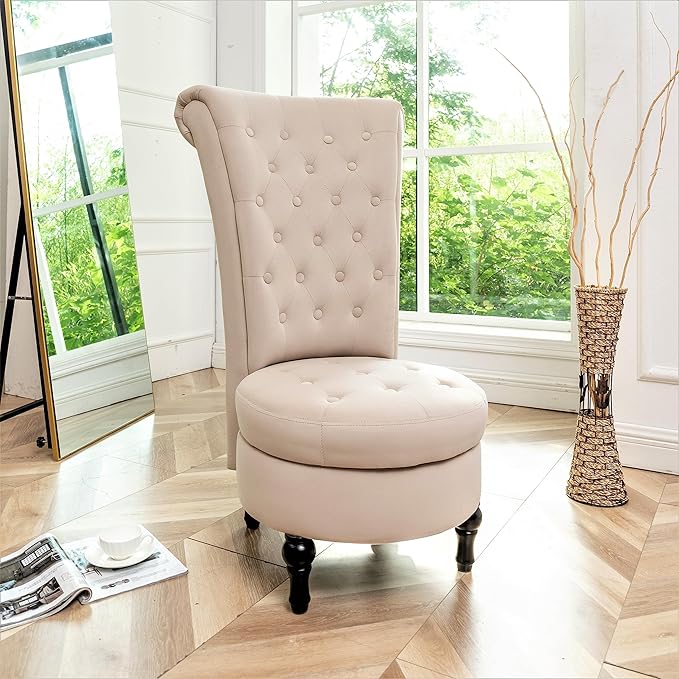 Royal High-Back Velvet Accent Chair for Vanity with Storage and Luxurious Upholstery Retro Design and Versatile Usage for Living Room Bedroom Lounge and Office Ivory