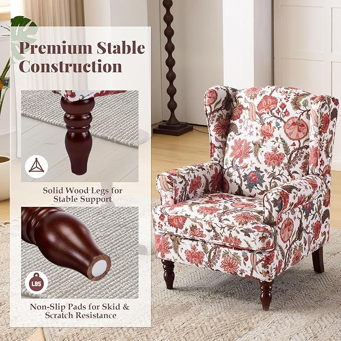 EROMMY Floral Accent Chair Comfortable High Back Upholstered Armchair with Solid Wood Legs Leisure Single Sofa Chair for Living Room Bedroom Home Office Red Floral
