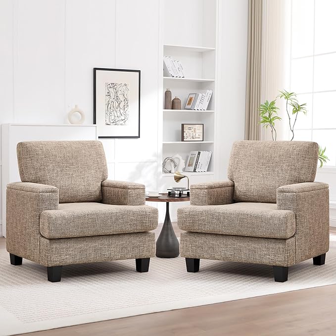 Accent Chairs Set of 2 with Armrest Storage Modern Upholstered Reading Living Room Chairs Comfy Large Armchairs Fabric Single Sofa Chair for Bedroom (Yellowish Brown)