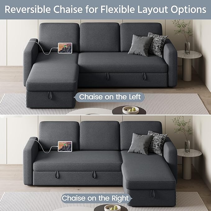 Yaheetech Sectional Sofa L-Shaped Sofa Couch Bed w/Chaise &amp USB Reversible Couch Sleeper w/Pull Out Bed &amp Storage Space Living Room Dark Gray