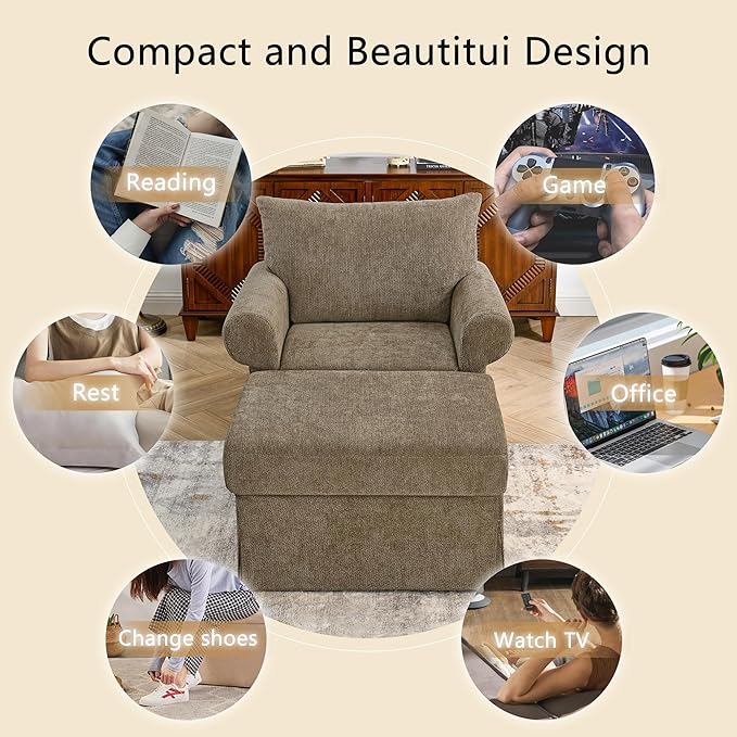 35.82 Accent Chair with Ottoman Set Upholstered Living Room Chairs for Reading Chair with Chaise Lounge Chairs Indoor Comfortable Armchair for Bedroom (Brown 35.82)