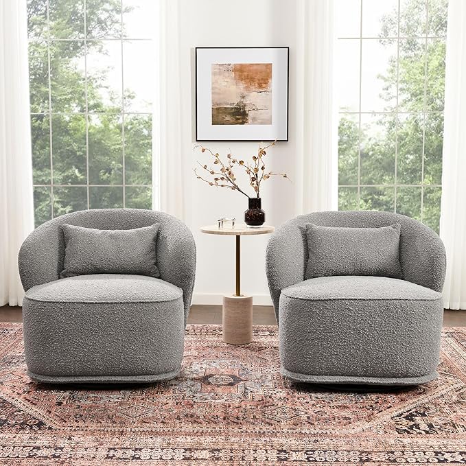 KINWELL 33 W Mid Century Modern Swivel Barrel Chair Set of 2 Upholstered Boucle Swivel Accent Chairs No Assembly Sofa Chair with Toss Pillow for Living Room Bedroom Reading Nursery (Light Gray)