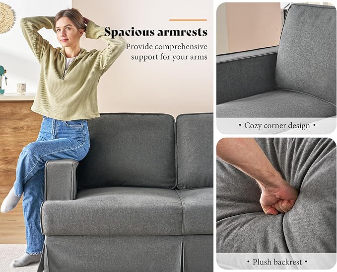 AMERLIFE Modern Sofa 89 inch Slipcovered Sofa 3 Seater Sofa Comfy Couch for Living Room Office Linen Grey Oversized Couch