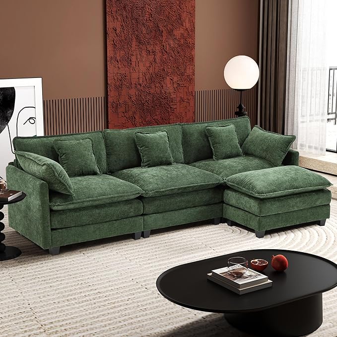 Ihanherry 111.4 L Shaped Modern Sofa Modular Sectional Cloud Couch with Ottoman 4-Seat Chenille Deep Seat Sofa with Pillow for Living Room Bedroom and Apartment Green
