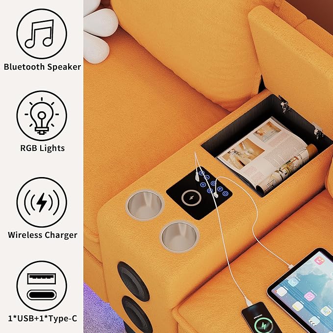 120 Sectional Couches for Living Room 6 Seater Sectional Sofas with Bluetooth Speaker &amp LED Light Modern Teddy Fleece U Shaped Sofa Couch with Storage/Charging Ports/Cup Holder (Yellow Couch)