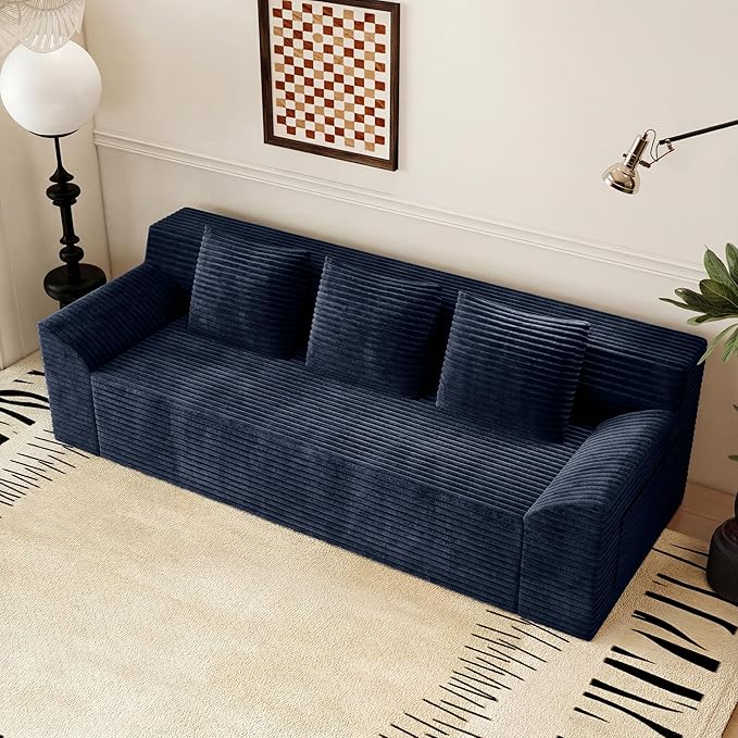 71 Cloud Boneless Loveseat Sofa Couch Bean Bag 3-Seater Couch with Memory Foam Corduroy Comfy Floor Sofa Deep Seat for Living Room Bedroom Apartment No Assembly (Blue)