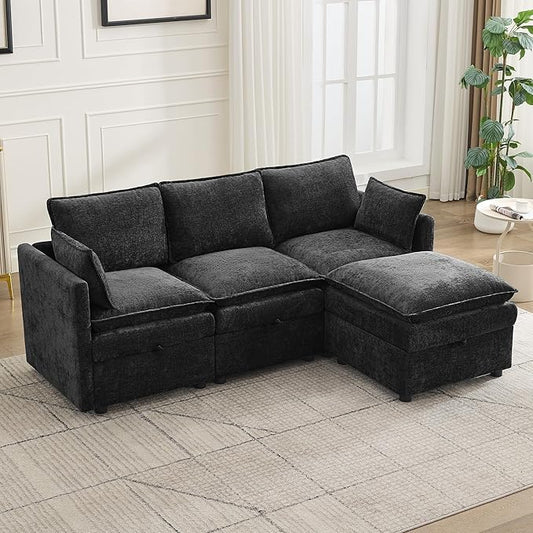 80 Cloud 3 Seater Sectional Modular Couch with Storage Ottoman Upholstered Storage Sofa Modern Couch Deep Seat Chenille L Shape Sofa Comfy Couches with Armrests for Living Room Small Space Black