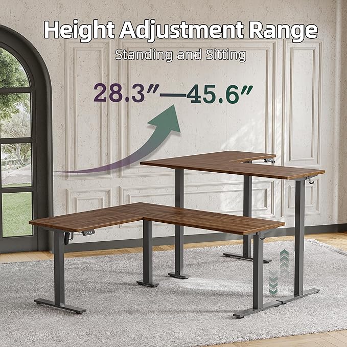 TIQLAB L Shaped Standing Desk Adjustable Height Electric Corner Standing Desk 63 x 55 inch Sit Stand Computer Table with Splice Board Black Walnut