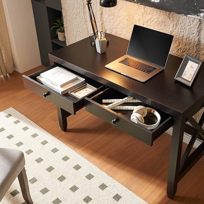 Espresso Home Office Desk with 2 Drawers - 47 Inch Writing Table with X-Brace Legs Wooden Knob Handles and Metal Glides - Modern Computer Desk for Small Spaces
