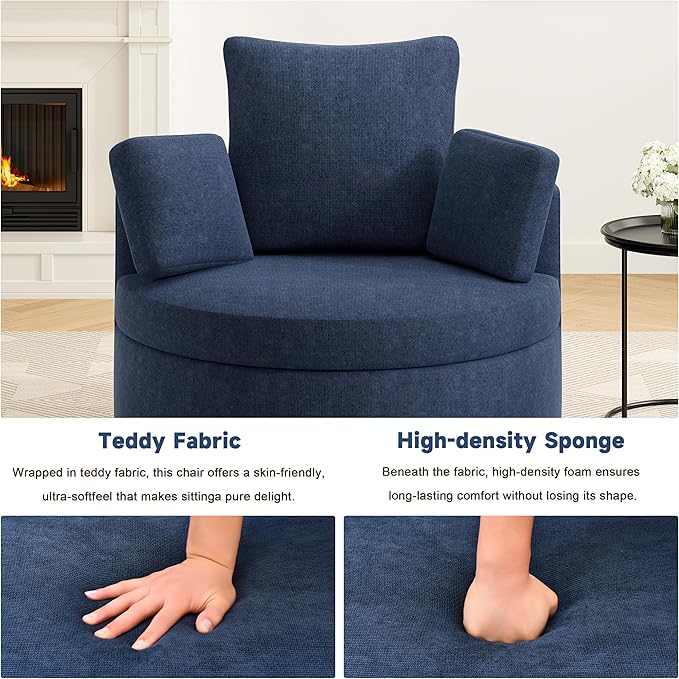 39.8” Swivel Accent Barrel Chair with Storage Oversized Round Chairs with Half Moon Ottoman Swivel Barrel Chaise Lounge Indoor with Neck Support Pillow Barrel Chairs for Living Room Dark Blue