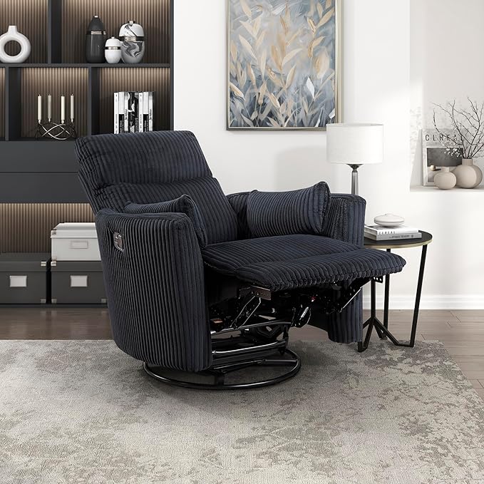 Lexicon Modern Swivel Glider Recliner Chair Nursery Glider Corduroy Fabric Upholstery Recliner with 2 Lumbar Pillows Manual Reclining Sofa Chair for Living Room/Office/Apartment Black