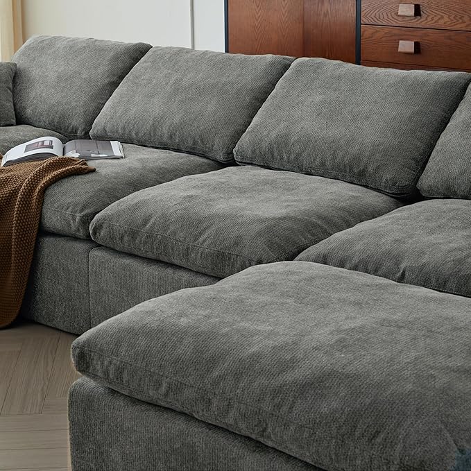 138 Cloud Sectional Couches for Living Room Convertible U-Shape Boneless Couch with Ottoman 6-Seater Compressed Sofa Modular Sectional Sofa (6-Seater Grey)