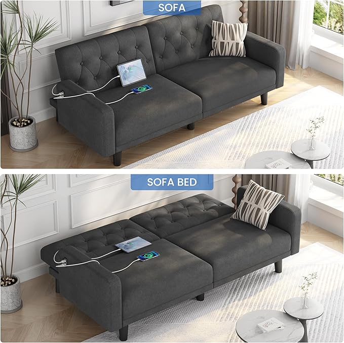 Yaheetech 63 Convertible Couch Small Futon Sofa Bed with 2 USB Ports Reclining Backrest &amp Removable Armrests Mid Century Modern Loveseat for Living Room Apartment Office Dark Gray