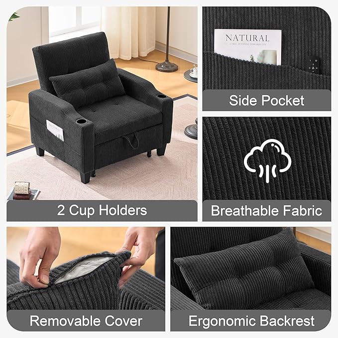 3 in 1 Convertible Sleeper Chair Corduroy Single Sleeper Sofa Bed Pull Out Sofa Bed Chair with Adjustable Backrest &amp Side Pockets for Living Room Black